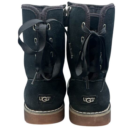 UGG Kids Boot 3 Corene Black Suede II Side Zip Lace Up Bow Back Cozy Casual Warm - Picture 3 of 13
